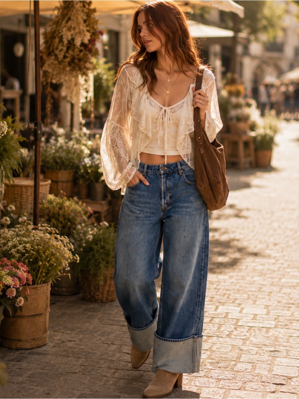 Free People Wide Leg Cuffed Denim Jeans in Medium Blue